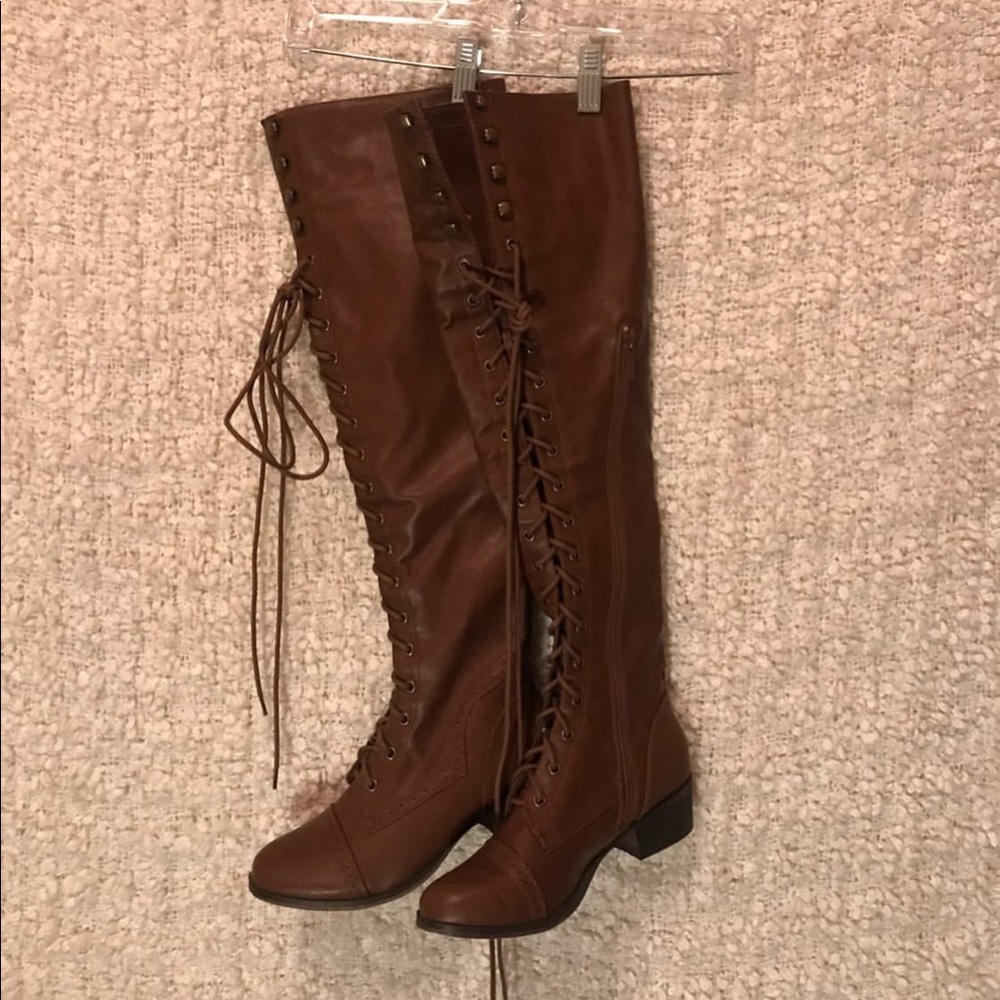 Thigh high faux leather boots